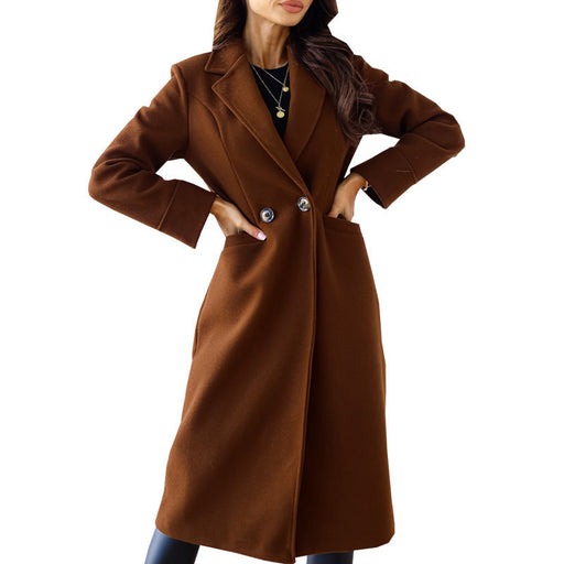 Color-Brown-Autumn Winter Women Clothing Simple Solid Color Double Breasted Long Sleeve Collared Button Woolen Coat-Fancey Boutique