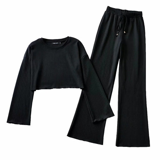 Color-Black-O-neck Short Sweater High Waist Slimming Mop Bell-Bottom Pants Thread Casual Sports Two-Piece Set-Fancey Boutique