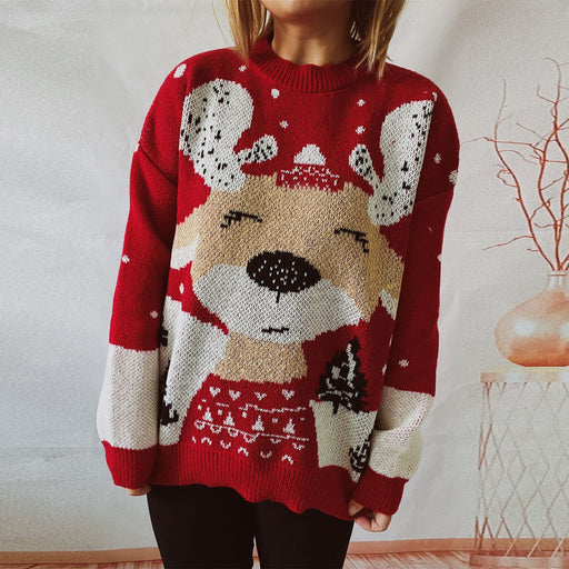 Color-Autumn Winter Year Christmas Sweater Cartoon Elk Pattern round Neck Long Sleeve Knitted Pullover-Fancey Boutique