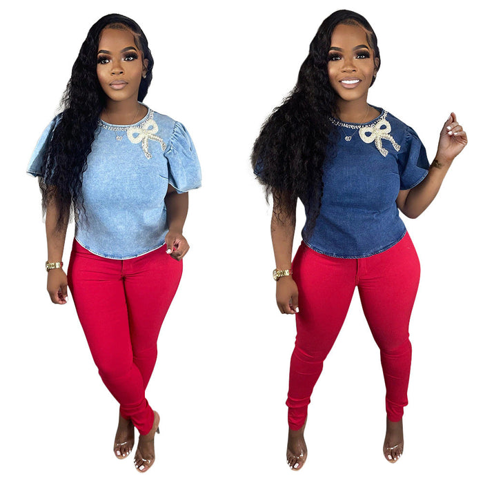 Color-Summer round Neck Short Sleeves Denim Top Bubble Bow Design Loose Top-Fancey Boutique