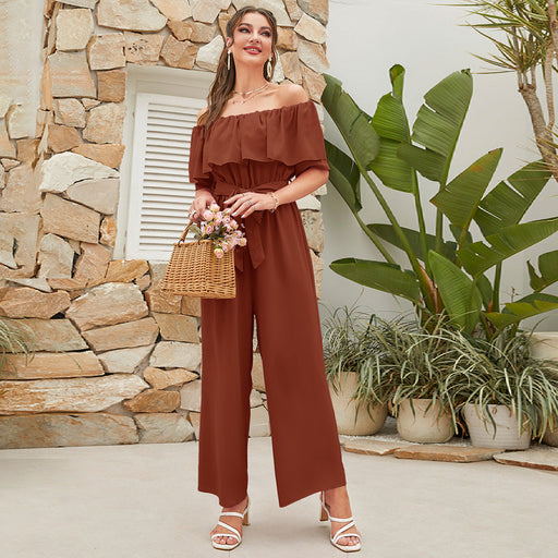 Color-Women Clothing Summer Casual off Shoulder Ruffle Sleeve Lace up Cropped Wide Leg Pants-Fancey Boutique