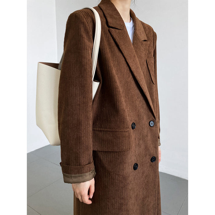 Color-Corduroy Blazer Women Mid Length over the Knee Spring Autumn British High Sense Woolen Coat-Fancey Boutique