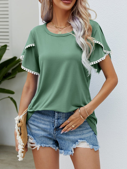 Color-Green-Women Clothing Summer Round Neck Tassel Tulip Sleeve T Shirt Casual Top Women-Fancey Boutique