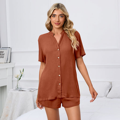 Color-Spring Summer Solid Color V neck Loose Button T shirt Shorts Home Casual Suit-Fancey Boutique
