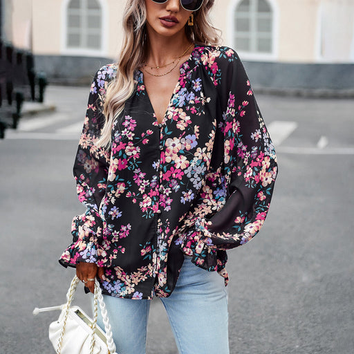 Color-Black-Design Long Sleeved Shirt Women Autumn Elegant Floral Shirt-Fancey Boutique