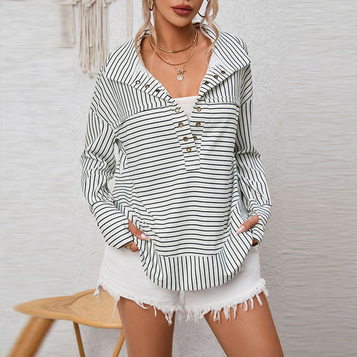 Color-Autumn Striped Printed Long Sleeved Top Women Casual Pullover V neck Sweater Women Clothing-Fancey Boutique