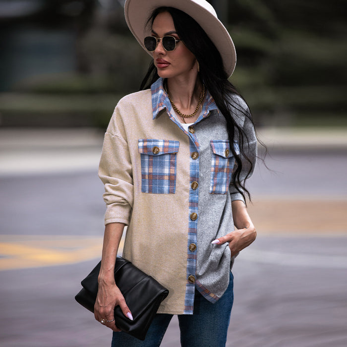 Color-Women Autumn Winter Casual Waffle Knitted Jacket Loose Plaid Boyfriend Shirt-Fancey Boutique