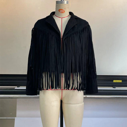Color-Black-Women Clothing Jacket Leather Coat Suede Elegant Collared Tassel Short Coat for Women Autumn Winter-Fancey Boutique