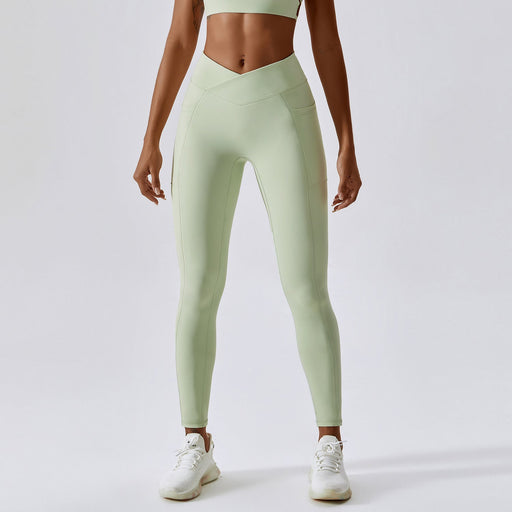 Color-Green-Nude Feel Yoga Pants Hip Lifting Pocket Quick Drying Fitness Pants Criss Cross Waist Head Skinny Running Sports Pants Women-Fancey Boutique