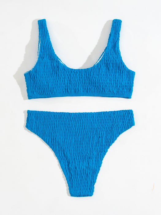 Color-Solid Color Smocking Pleated Sexy Split Swimsuit Bikini-Fancey Boutique