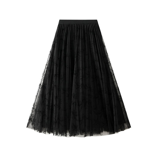 Color-Black-Skirt Women Autumn Doubl Sided Flocking Mesh A line Mid Length Pleated Dress-Fancey Boutique