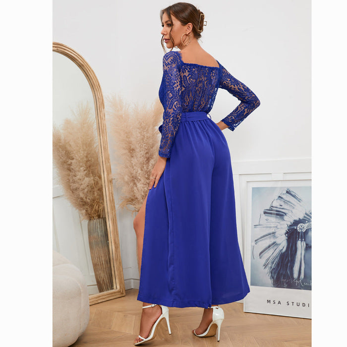 Color-Autumn Women Sexy Lace Long Sleeve off the Shoulder Large Swing Belt One Piece Culotte plus Size-Fancey Boutique