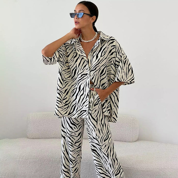 Color-Satin Zebra Striped Women Summer Short Sleeve Shirt High Waist Trousers Two Piece Set-Fancey Boutique