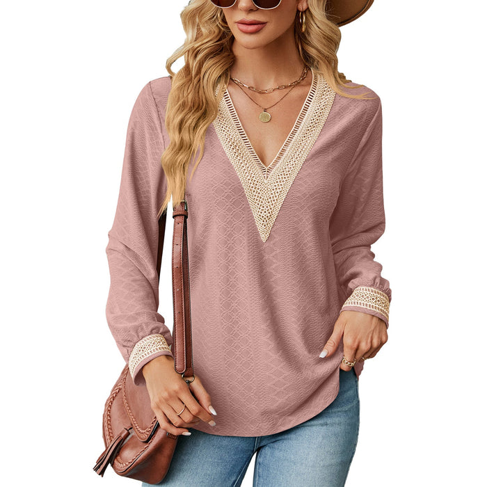 Color-skin pink-Autumn Winter Lace V-neck Patchwork Loose Long-Sleeved T-shirt Top Women Clothing-Fancey Boutique