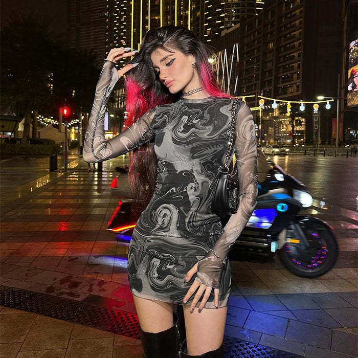 Color-Mesh Water Ripple Printed Tape Finger Stall Lining Anti See Through Personalized Sheath Dress-Fancey Boutique