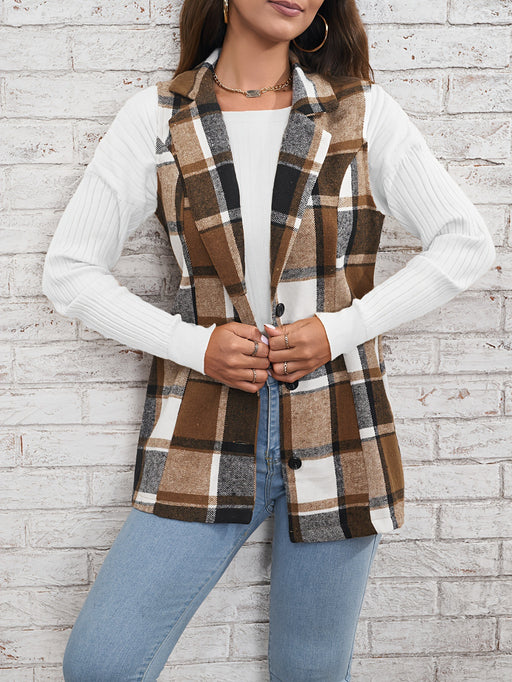 Color-Spring Autumn Winter Women Top Polo Collar Single Breasted Vest Plaid Coat-Fancey Boutique