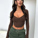 Color-Coffee-Autumn Winter Sexy Clothes T shirt Knitwear Thread Top Sexy V neck Long Sleeved Shirt-Fancey Boutique