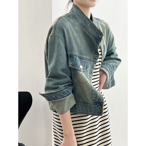 Color-Denim Jacket Women Short Autumn Korean Fashionable Stand Collar Design Coat-Fancey Boutique