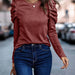 Color-Burgundy-Women Clothing Autumn Winter High Elastic Cashmere round Neck Slim Puff Sleeve Long Sleeve Top-Fancey Boutique
