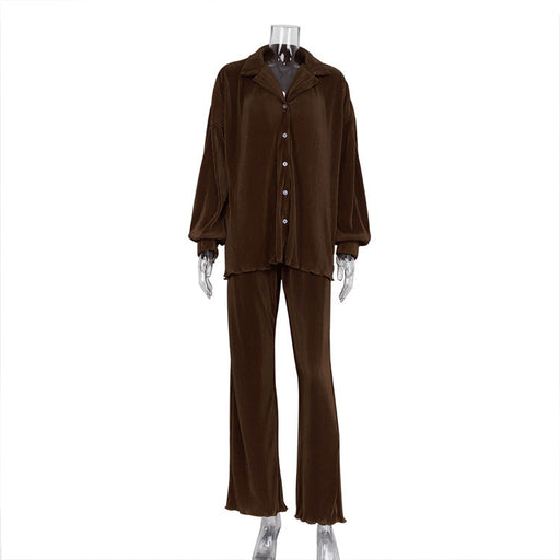 Color-Brown-Long Sleeve Collared Pleated Shirt Women Wide Leg Mopping Drape Pleated Trousers Suit-Fancey Boutique
