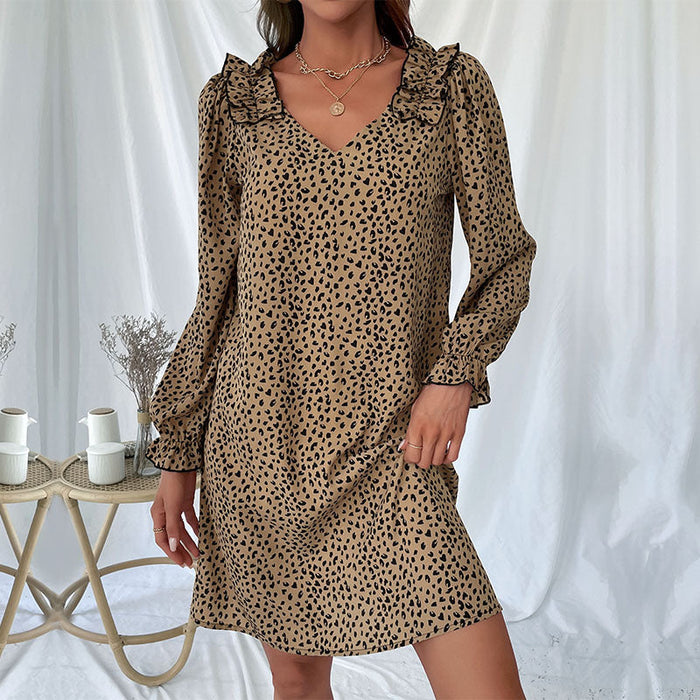 Color-Khaki-Autumn Women Clothing Long Sleeve Leopard Print Loose Dress-Fancey Boutique
