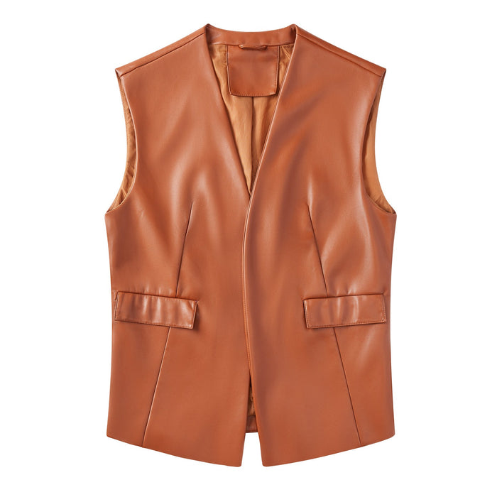 Color-camel-Sleeveless Faux Leather Vest Loose Plus Size Women Vest Cardigan Short Coat Women-Fancey Boutique