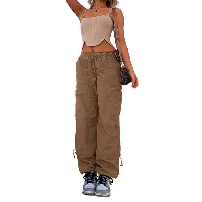 Color-Camel-Women Clothing Loose Tied Multi Bag Straight Stretch Workwear Casual Pants-Fancey Boutique