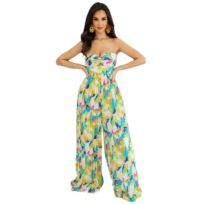 Color-Multicolor 2-Sleeveless Chest Wrapped Printed Trousers Summer High Waist Pleated Jumpsuit-Fancey Boutique