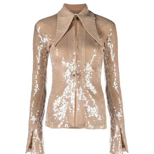 Color-Star Fashionable with Side Slit Bell Sleeve Transparent Sequ Glitter Gauzy Shirt Top-Fancey Boutique