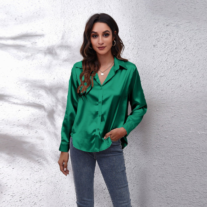 Color-Green-Satin Shirt Women Satin Artificial Silk Long Sleeve Shirt-Fancey Boutique
