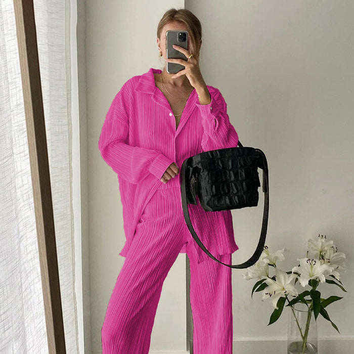 Color-Pink-Long Sleeve Collared Pleated Shirt Women Wide Leg Mopping Drape Pleated Trousers Suit-Fancey Boutique