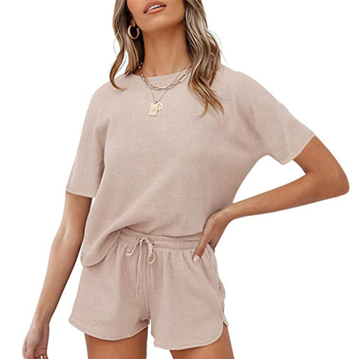 Color-Apricot-Rib Short-Sleeved Home Wear Solid Color Casual Two-Piece Pajamas Suit-Fancey Boutique