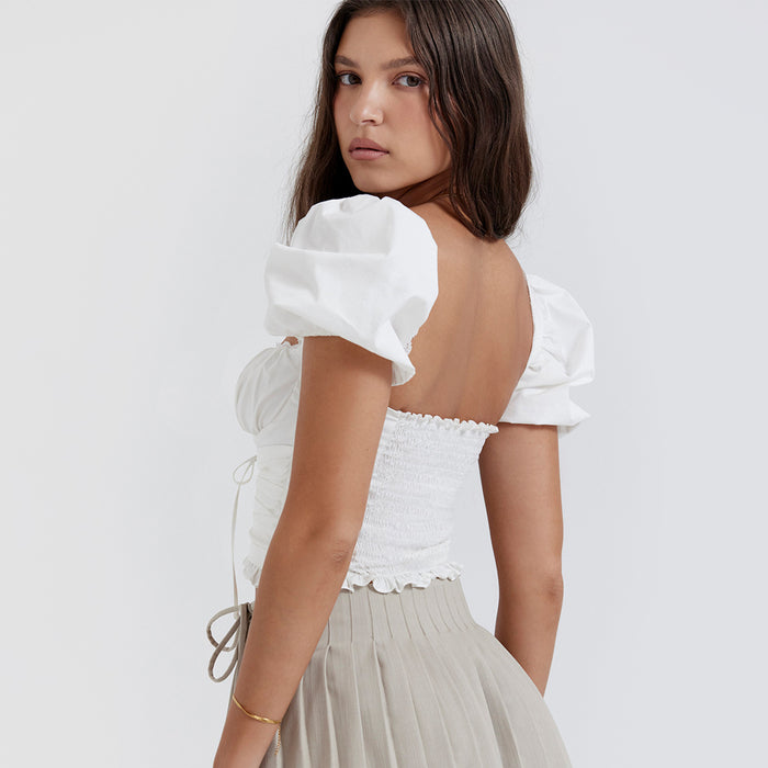 Color-Women Wear Sexy Square Neck Puff Sleeve White Short Cropped Top Waist Backless Short Sleeve Women-Fancey Boutique