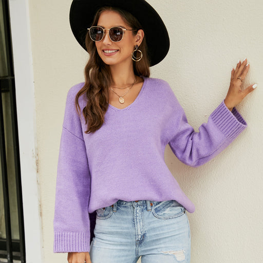 Color-Women Clothing Long Sleeve V Neck Sweater Casual Loose Fitting Women Sweater-Fancey Boutique
