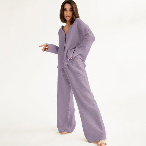 Color-Purple-Summer Double Layer Crepe V-neck French Loose Comfortable Long Sleeve Pajamas Women Cotton Linen Homewear Set-Fancey Boutique