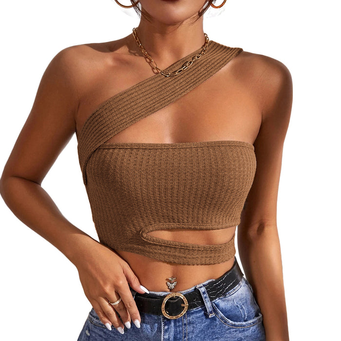 Color-WomenClothing New Sexy Hollow Out Cutout out Knitted Vest Ultra Short Oblique Shoulder Tank-Top-Fancey Boutique