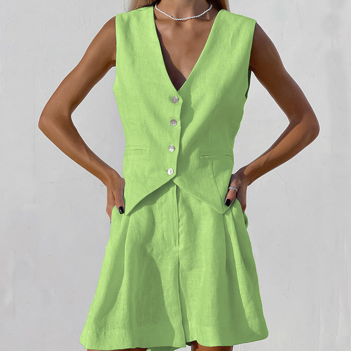 Color-Green-Design Cotton Linen Suit Vest Suit Women Summer Casual Sleeveless Tank Top Shorts Two Piece Suit-Fancey Boutique