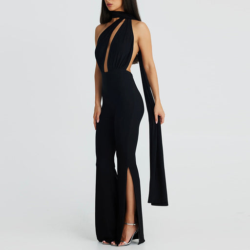 Color-Super Sexy Wrapped Chest Stitching Ribbon Tied Neck Backless Slit Tight Jumpsuit for Women-Fancey Boutique