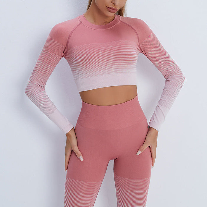 Color-Pink Long Sleeve-Gradient Sports Long Sleeve Trousers Suit Fitness Running Yoga Long Sleeve Tights-Fancey Boutique