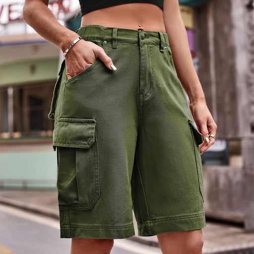 Color-Army Green-Summer Women Clothing Elastic Waist Denim Cargo Pants Shorts Trendy-Fancey Boutique