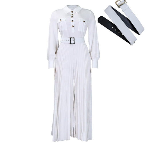 Color-White-Belt Women Clothing Spring Summer Long Sleeve Casual Loose Pleated Wide Leg Jumpsuit-Fancey Boutique