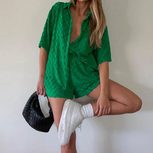 Color-Green-Jacquard Black White Plaid Street Shirt Two-Piece Set Casual Shorts Suit for Women-Fancey Boutique