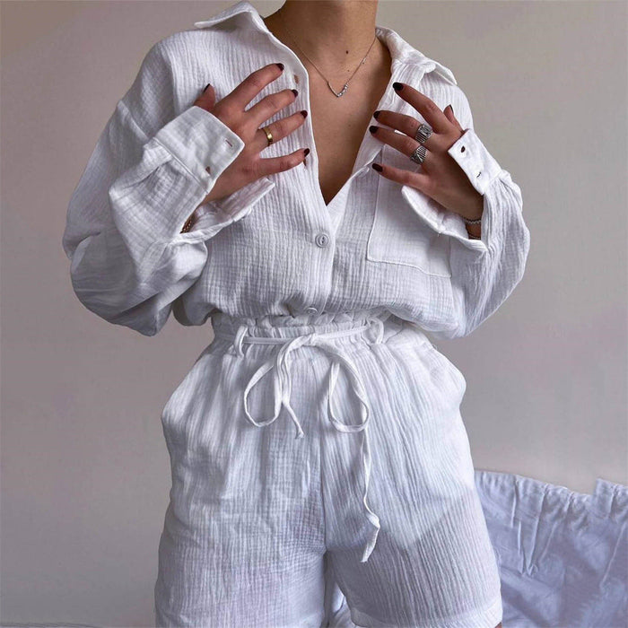 Color-Women Clothing Suit Pure Cotton Summer Collared Long Sleeve Shirt High Waist Pocket Shorts Two Piece Set-Fancey Boutique
