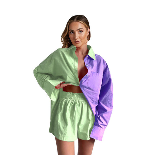 Color-Purple-Spring Summer Two-Piece Set Solid Color Stitching Single-Breasted Long Sleeve Collared Shirt Shorts Loose Casual Suit-Fancey Boutique