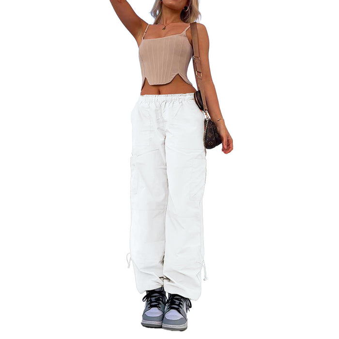 Color-White-Women Clothing Loose Tied Multi Bag Straight Stretch Workwear Casual Pants-Fancey Boutique