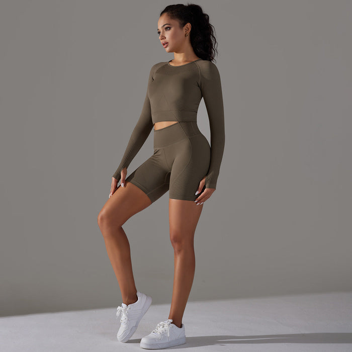 Color-Long Sleeve Shorts Suit-Deep Coffee-Seamless Knitted Sexy Tight Long Sleeve Hip Raise High Waist Shorts Yoga Suit Women Sports Running Shorts-Fancey Boutique