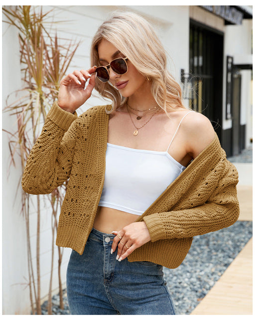 Color-Yellow-Short Autumn Winter Top Long Sleeves Outer Match Knitwear Wild Solid Color Hollow Out Cutout out Sweater Cardigan-Fancey Boutique