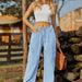 Color-Denim Drawstring Adjustable Washed Cargo Pants Trousers Casual Pants Women-Fancey Boutique