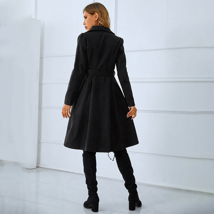 Color-Winter Women Clothing Double Breasted with Belt Long Sleeve Woolen Black Overcoat Jacket-Fancey Boutique