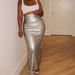 Color-Metallic Coated Fabric Autumn Solid Color Faux Leather Hip Slit Slim Fitting Trousers Skirt-Fancey Boutique